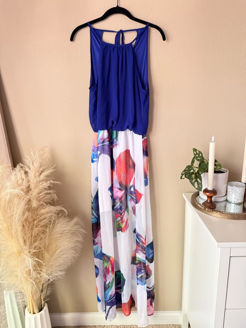Bisou Bisou Floral Flowers Maxi Dress Royal Blue Halter Top & White Skirt